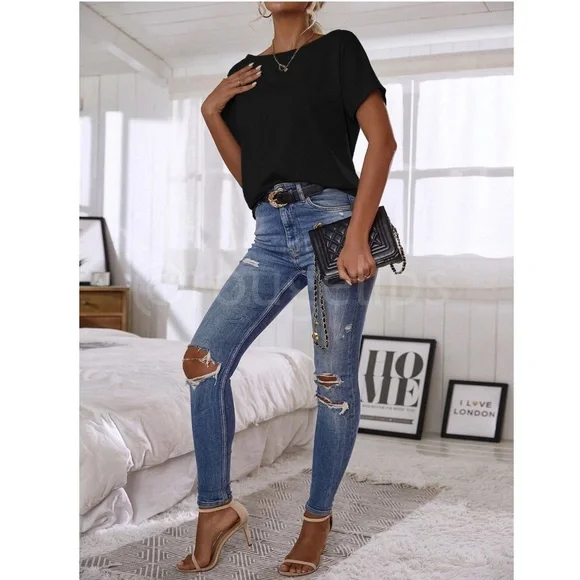 Boat Neck Batwing Sleeve Black Tee Shirt Short Sleeve - Picture 3 of 9